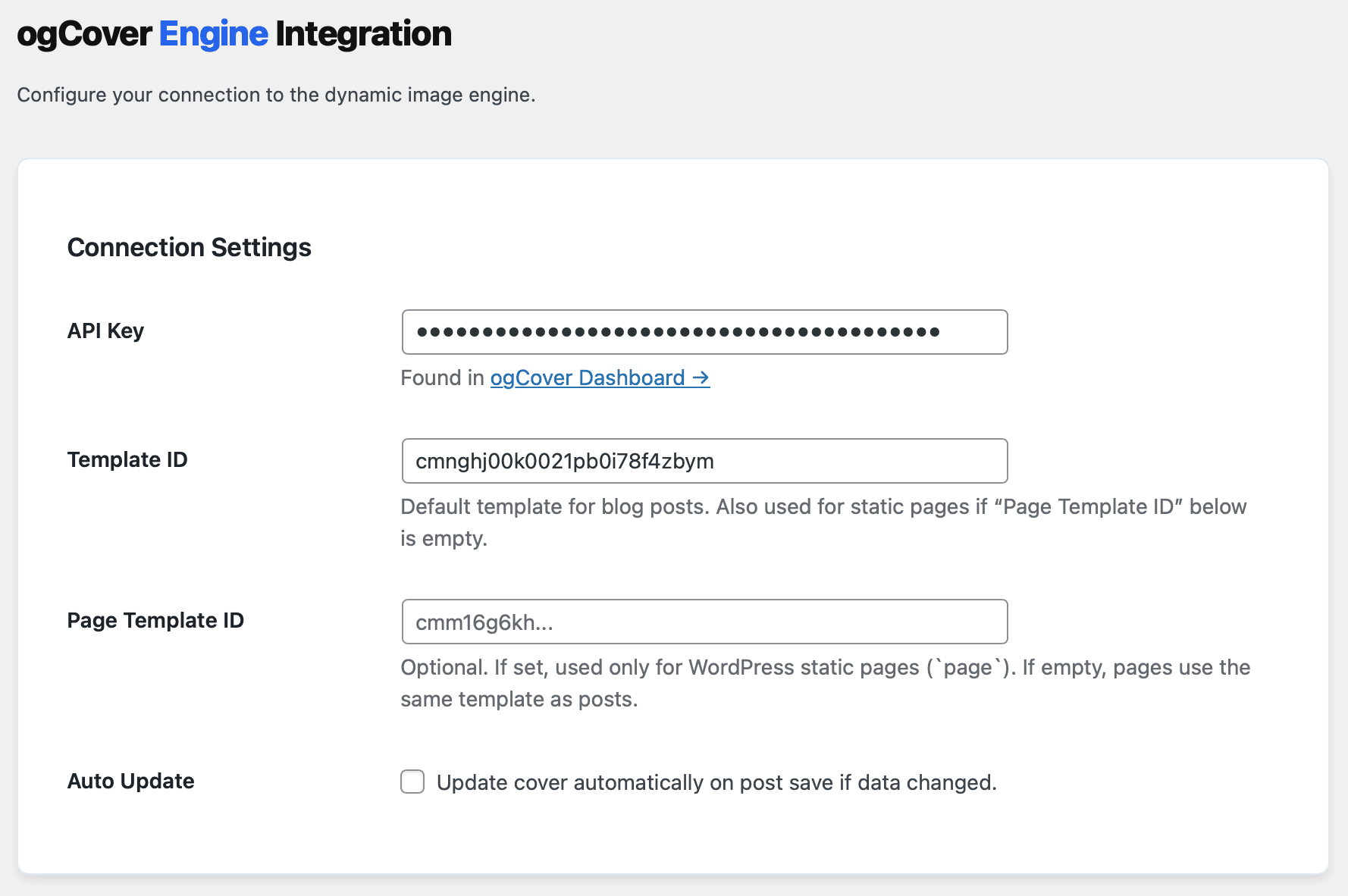 ogCover WordPress plugin settings screen